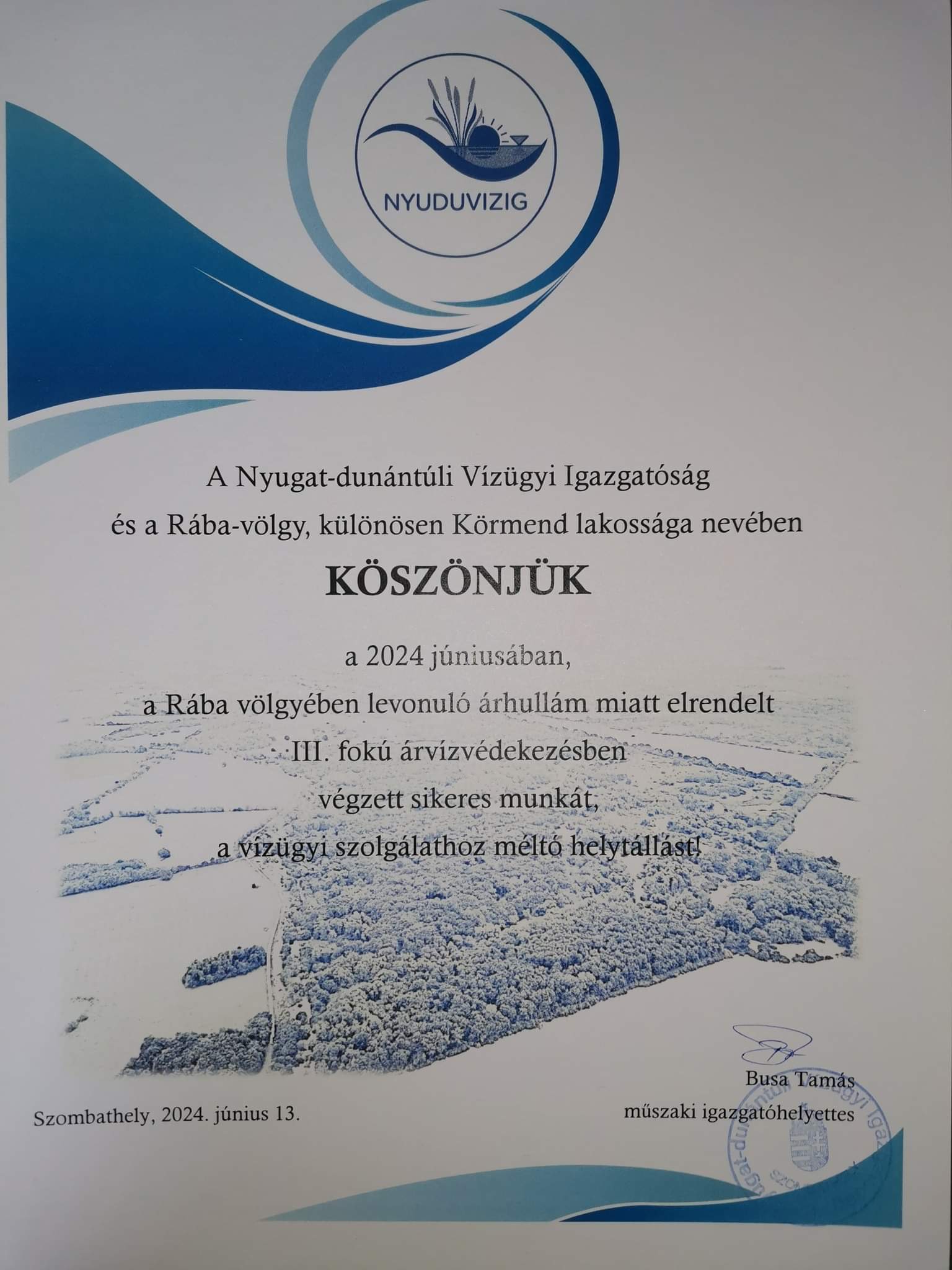 A kép tartalma: A Nyugat-dunántúli Vízügyi Igazgatóság köszönőlevele a védekezéshez érkezett kollégáknak